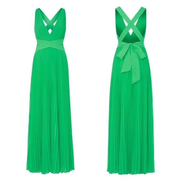 MILLY Oria Pleated Sleeveless Cross Back Dress, Kelly Green, NWT, Size 6 - Picture 2 of 16